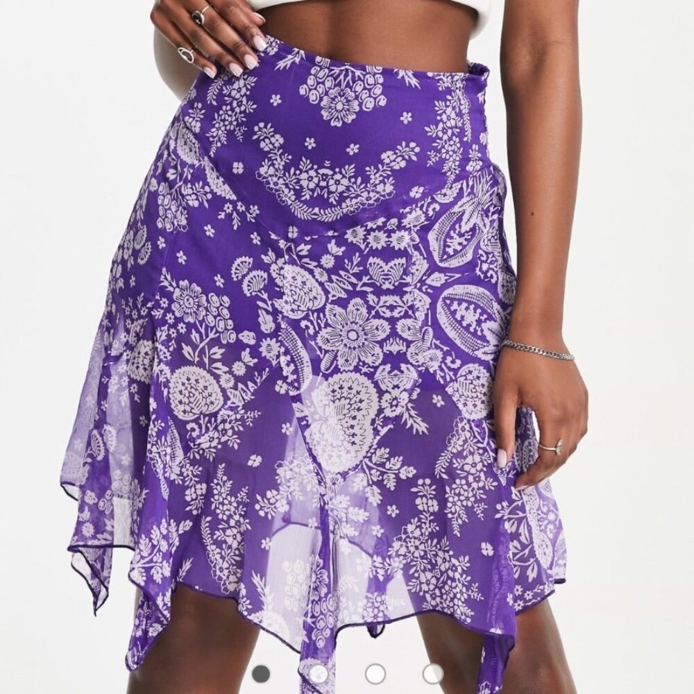Raga Purple Handkerchief Hem Floral Print Skirt Smocked Waist Size XS
